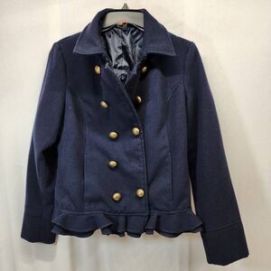 Prévue Navy Ruffle Hem Peacoat Jacket Medium Gold Button Double Breasted